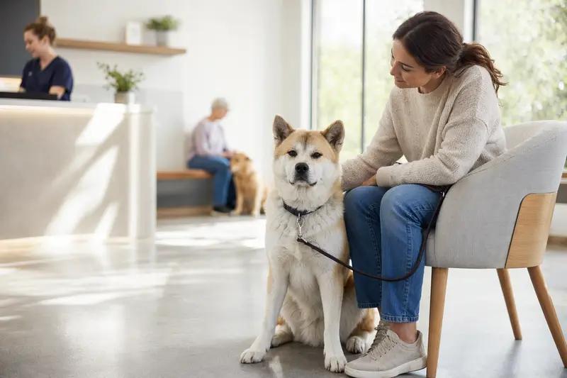 Ein Akita Inu Hund sitzt entspannt neben seinem Besitzer in einem modernen, hellen Wartezimmer einer Tierarztpraxis.